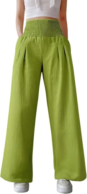 Women's Casual Wide Leg Pants Smocked High Waist Baggy Comfy Palazzo Pants Stretchy Loose-Fit Soft Flowy Trousers