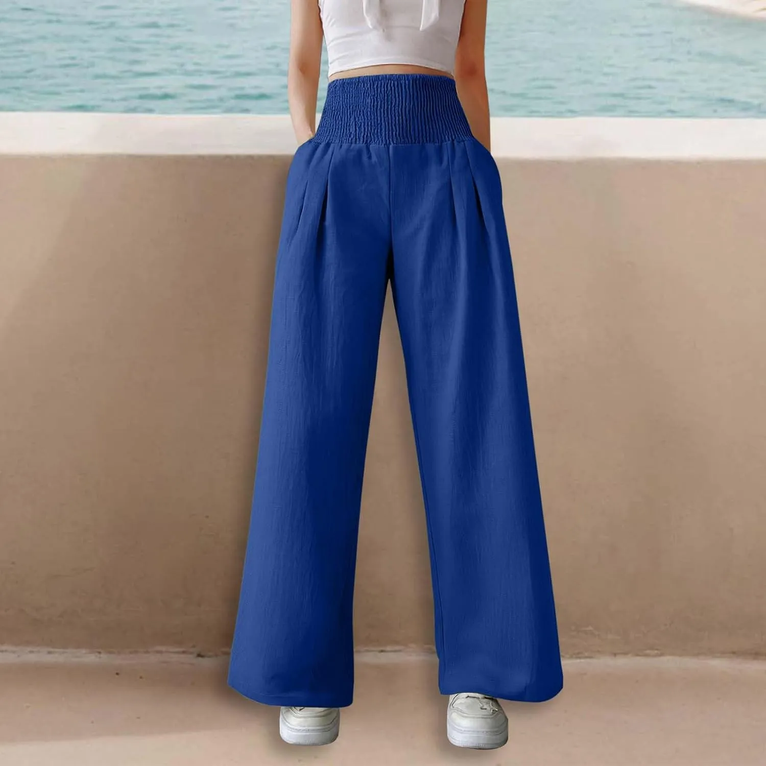 Women's Casual Wide Leg Pants Smocked High Waist Baggy Comfy Palazzo Pants Stretchy Loose-Fit Soft Flowy Trousers