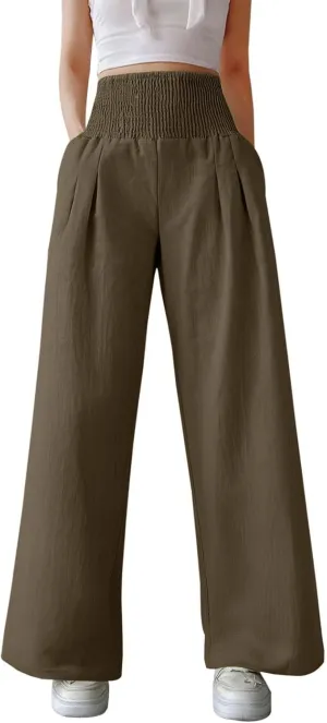 Women's Casual Wide Leg Pants Smocked High Waist Baggy Comfy Palazzo Pants Stretchy Loose-Fit Soft Flowy Trousers