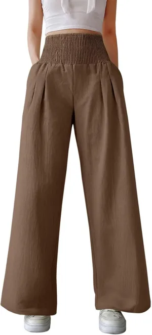 Women's Casual Wide Leg Pants Smocked High Waist Baggy Comfy Palazzo Pants Stretchy Loose-Fit Soft Flowy Trousers