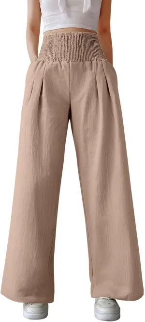 Women's Casual Wide Leg Pants Smocked High Waist Baggy Comfy Palazzo Pants Stretchy Loose-Fit Soft Flowy Trousers