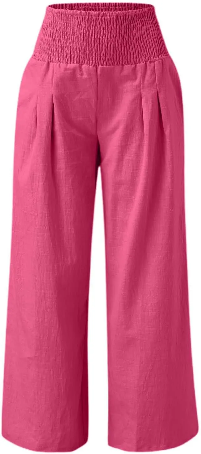 Women's Casual Wide Leg Pants Smocked High Waist Baggy Comfy Palazzo Pants Stretchy Loose-Fit Soft Flowy Trousers