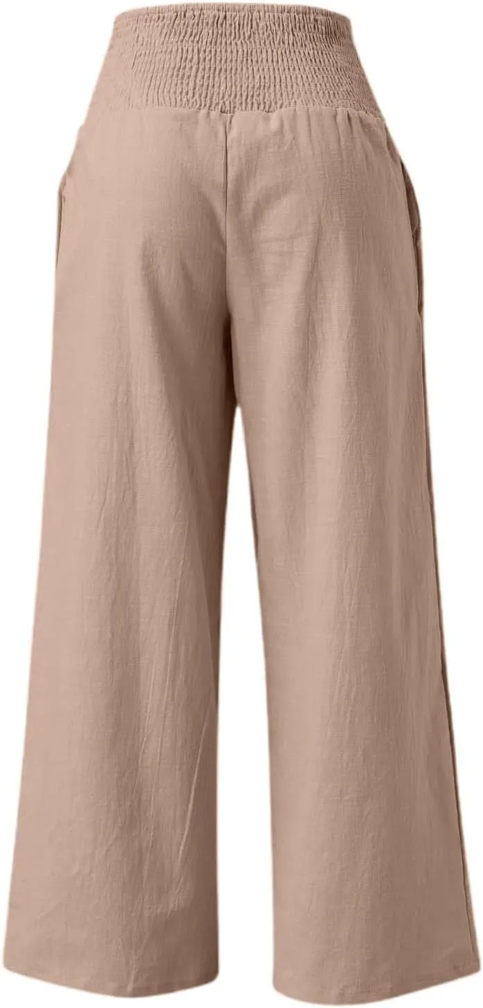 Women's Casual Wide Leg Pants Smocked High Waist Baggy Comfy Palazzo Pants Stretchy Loose-Fit Soft Flowy Trousers