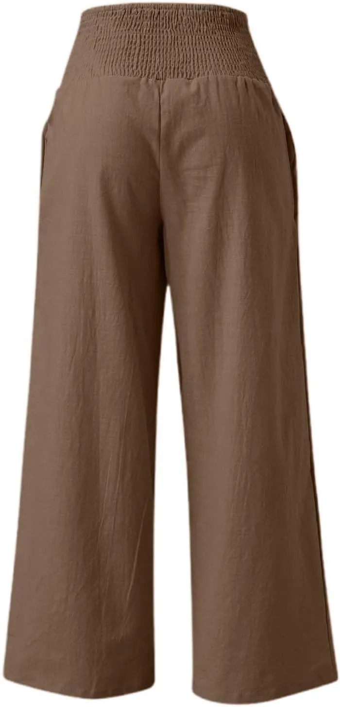 Women's Casual Wide Leg Pants Smocked High Waist Baggy Comfy Palazzo Pants Stretchy Loose-Fit Soft Flowy Trousers