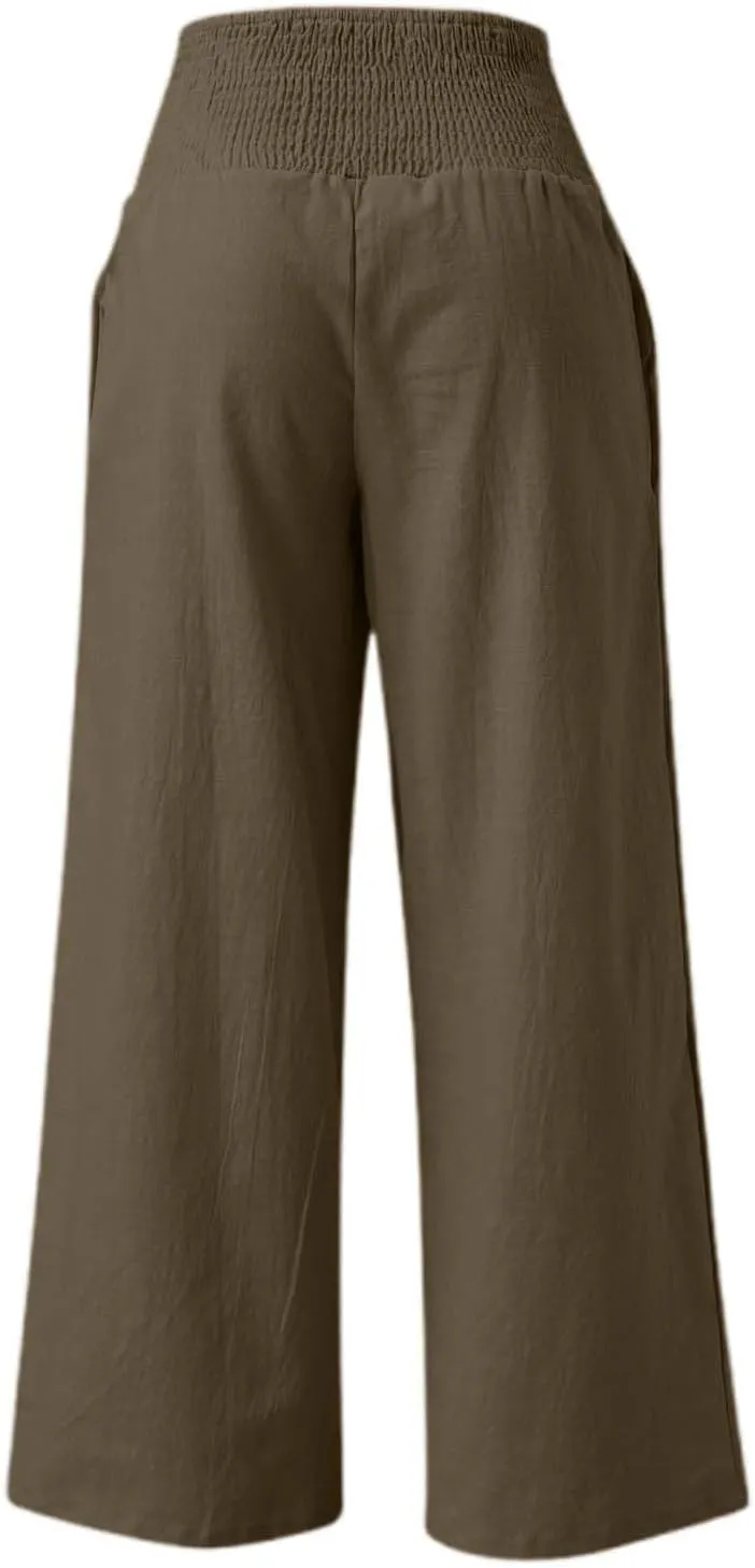 Women's Casual Wide Leg Pants Smocked High Waist Baggy Comfy Palazzo Pants Stretchy Loose-Fit Soft Flowy Trousers