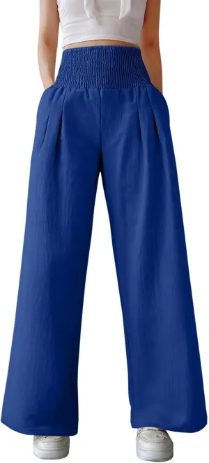 Women's Casual Wide Leg Pants Smocked High Waist Baggy Comfy Palazzo Pants Stretchy Loose-Fit Soft Flowy Trousers