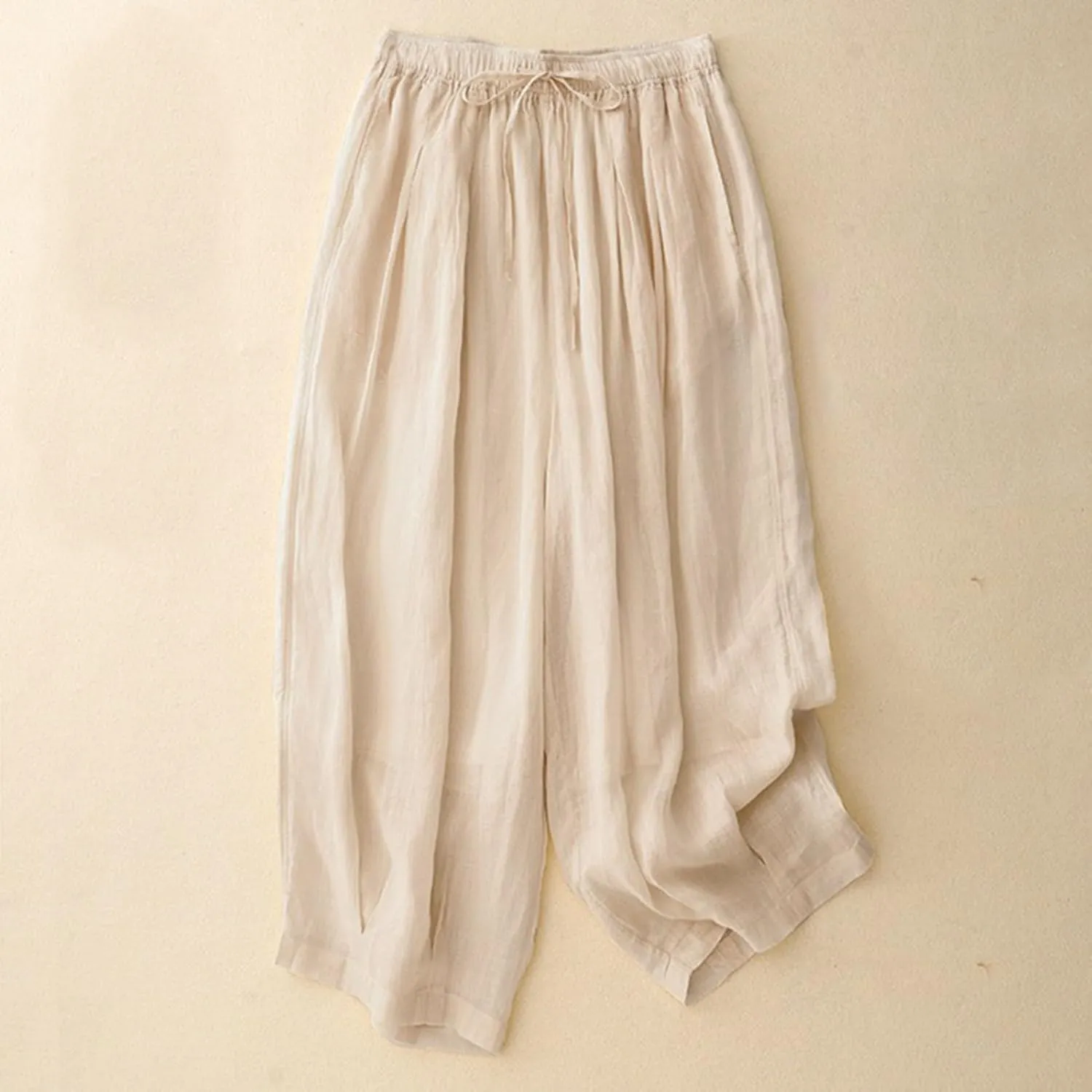 Women's Cotton Linen Cropped Wide Leg Pants Elastic Waist Casual Palazzo Trousers Drawstring Baggy Flowy Beach Culottes