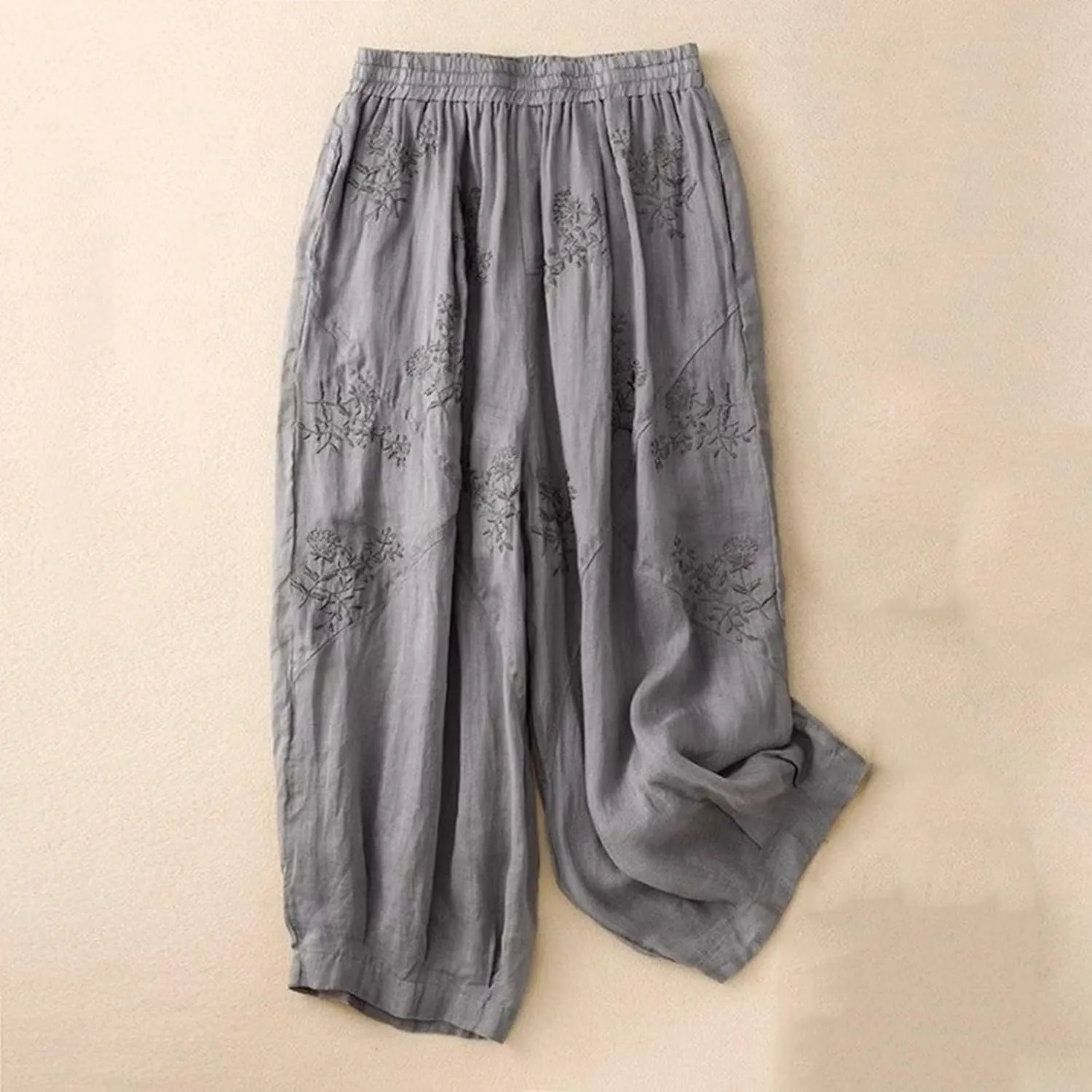 Women's Cotton Linen Cropped Wide Leg Pants Elastic Waist Casual Palazzo Trousers Drawstring Baggy Flowy Beach Culottes
