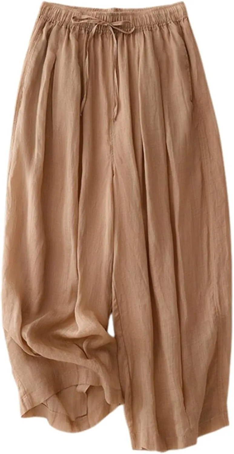 Women's Cotton Linen Cropped Wide Leg Pants Elastic Waist Casual Palazzo Trousers Drawstring Baggy Flowy Beach Culottes