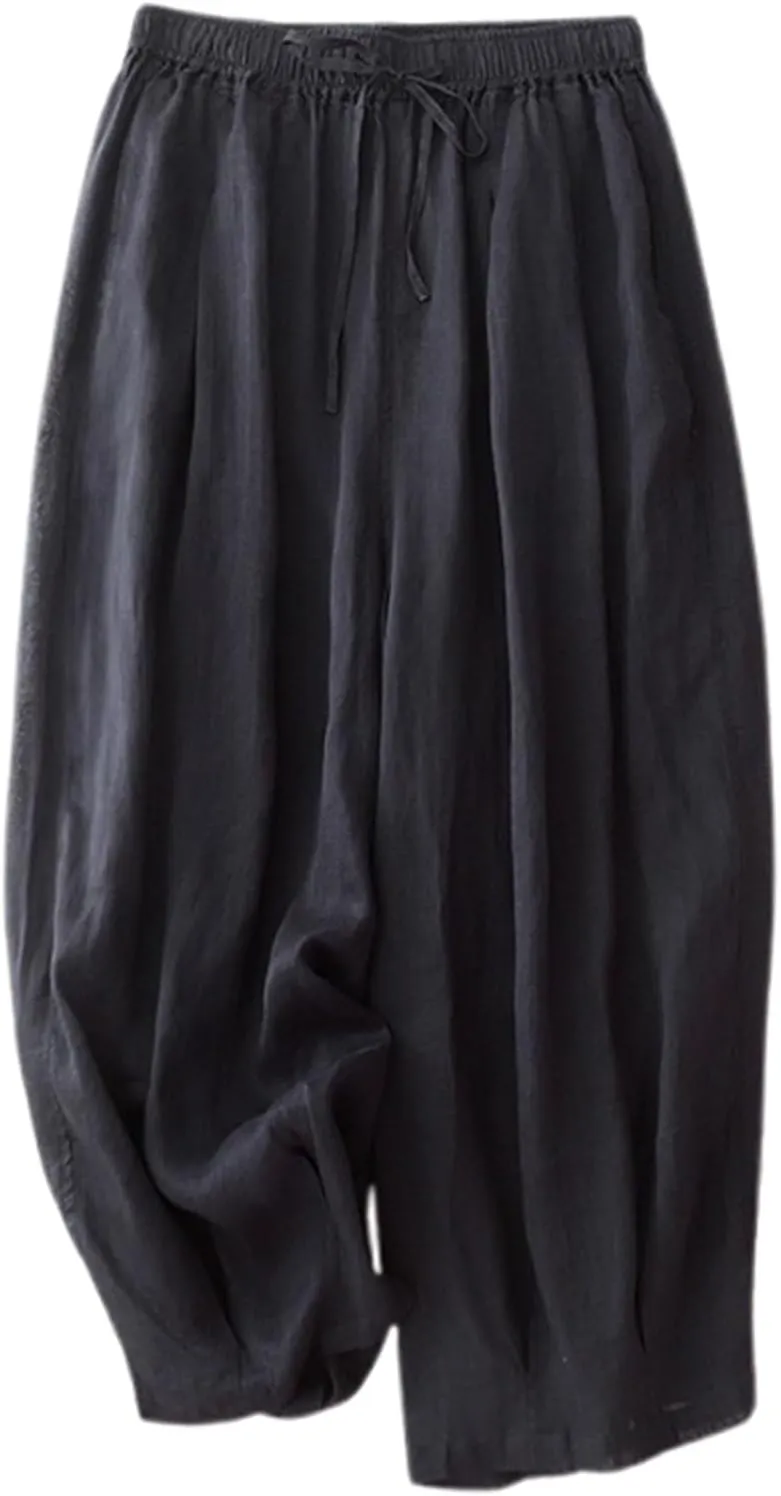 Women's Cotton Linen Cropped Wide Leg Pants Elastic Waist Casual Palazzo Trousers Drawstring Baggy Flowy Beach Culottes