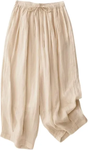 Women's Cotton Linen Cropped Wide Leg Pants Elastic Waist Casual Palazzo Trousers Drawstring Baggy Flowy Beach Culottes