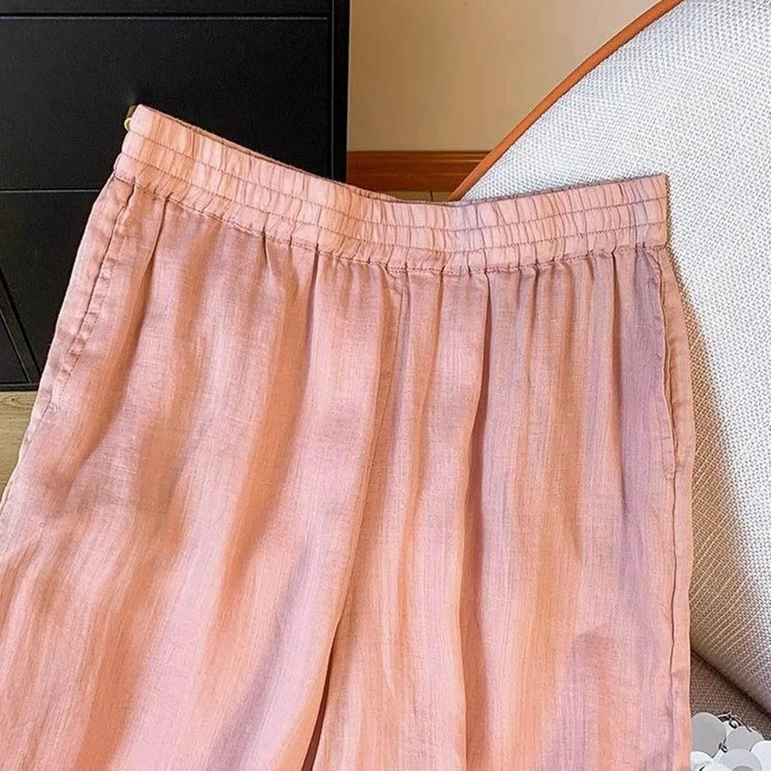 Women's Cotton Linen Cropped Wide Leg Pants Elastic Waist Casual Palazzo Trousers Drawstring Baggy Flowy Beach Culottes