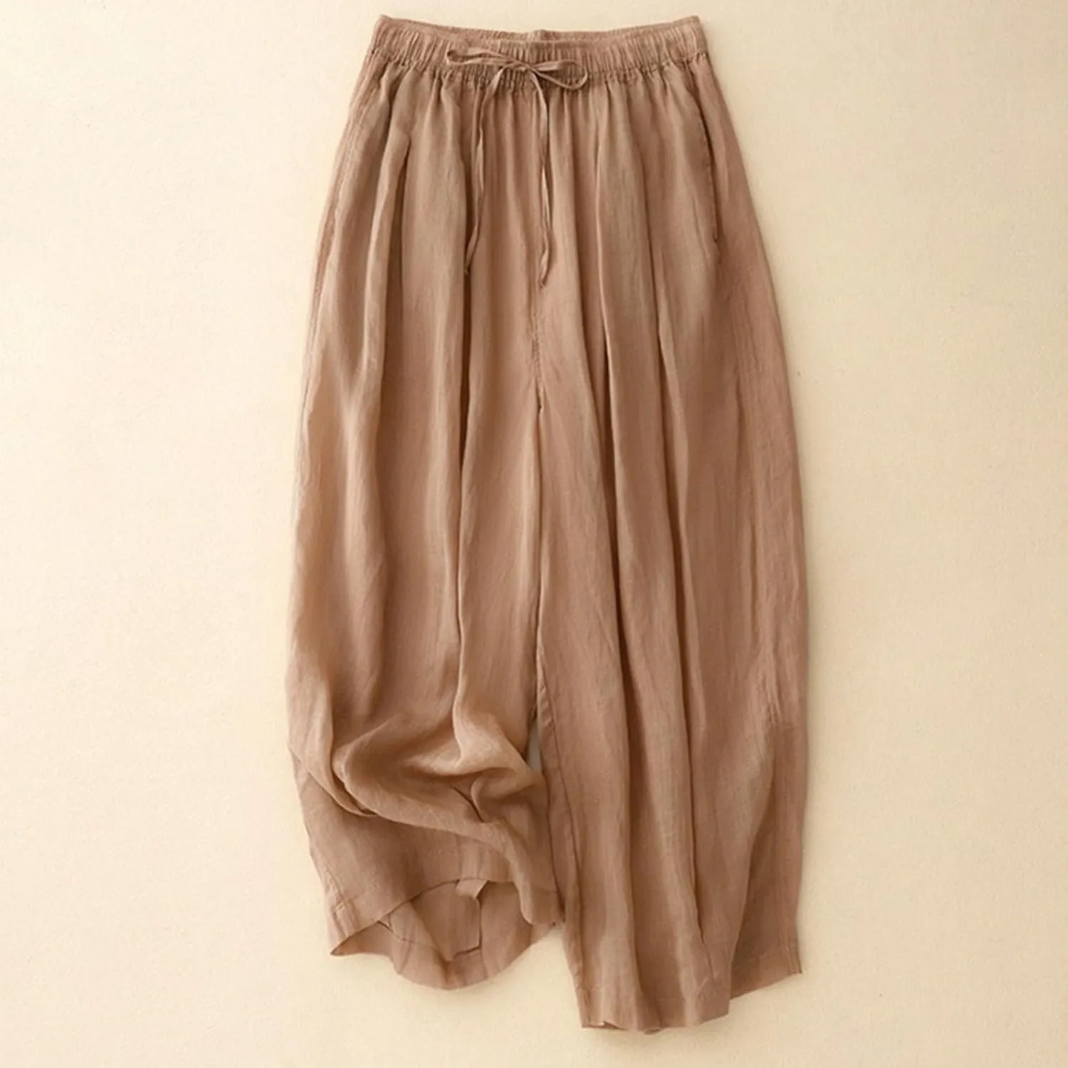 Women's Cotton Linen Cropped Wide Leg Pants Elastic Waist Casual Palazzo Trousers Drawstring Baggy Flowy Beach Culottes