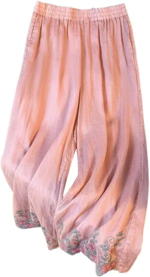 Women's Cotton Linen Cropped Wide Leg Pants Elastic Waist Casual Palazzo Trousers Drawstring Baggy Flowy Beach Culottes