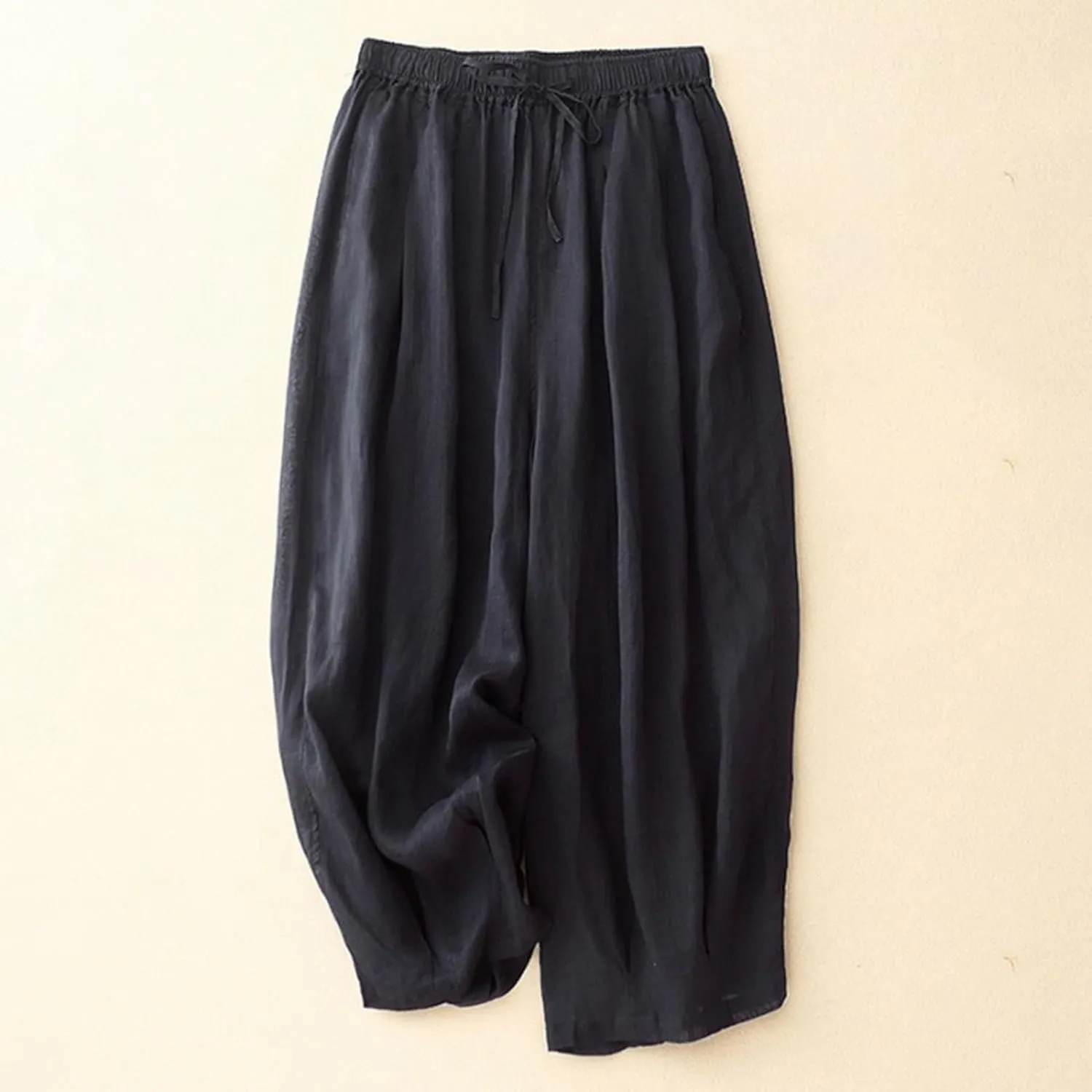 Women's Cotton Linen Cropped Wide Leg Pants Elastic Waist Casual Palazzo Trousers Drawstring Baggy Flowy Beach Culottes