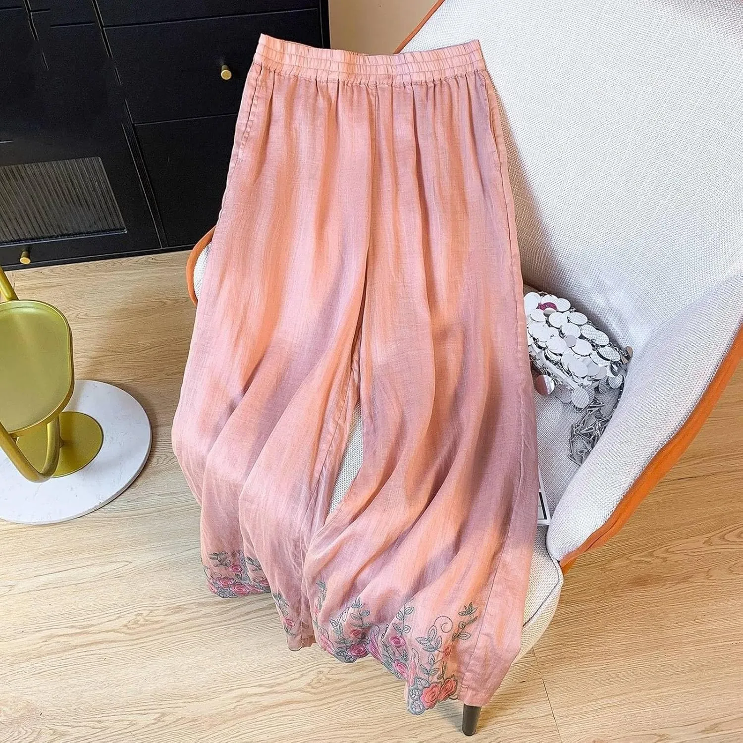 Women's Cotton Linen Cropped Wide Leg Pants Elastic Waist Casual Palazzo Trousers Drawstring Baggy Flowy Beach Culottes