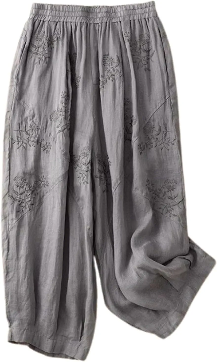 Women's Cotton Linen Cropped Wide Leg Pants Elastic Waist Casual Palazzo Trousers Drawstring Baggy Flowy Beach Culottes