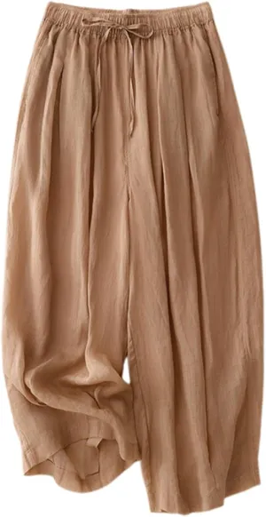 Women's Cotton Linen Cropped Wide Leg Pants Elastic Waist Casual Palazzo Trousers Drawstring Baggy Flowy Beach Culottes