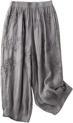 Women's Cotton Linen Cropped Wide Leg Pants Elastic Waist Casual Palazzo Trousers Drawstring Baggy Flowy Beach Culottes