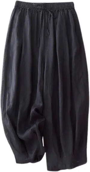 Women's Cotton Linen Cropped Wide Leg Pants Elastic Waist Casual Palazzo Trousers Drawstring Baggy Flowy Beach Culottes
