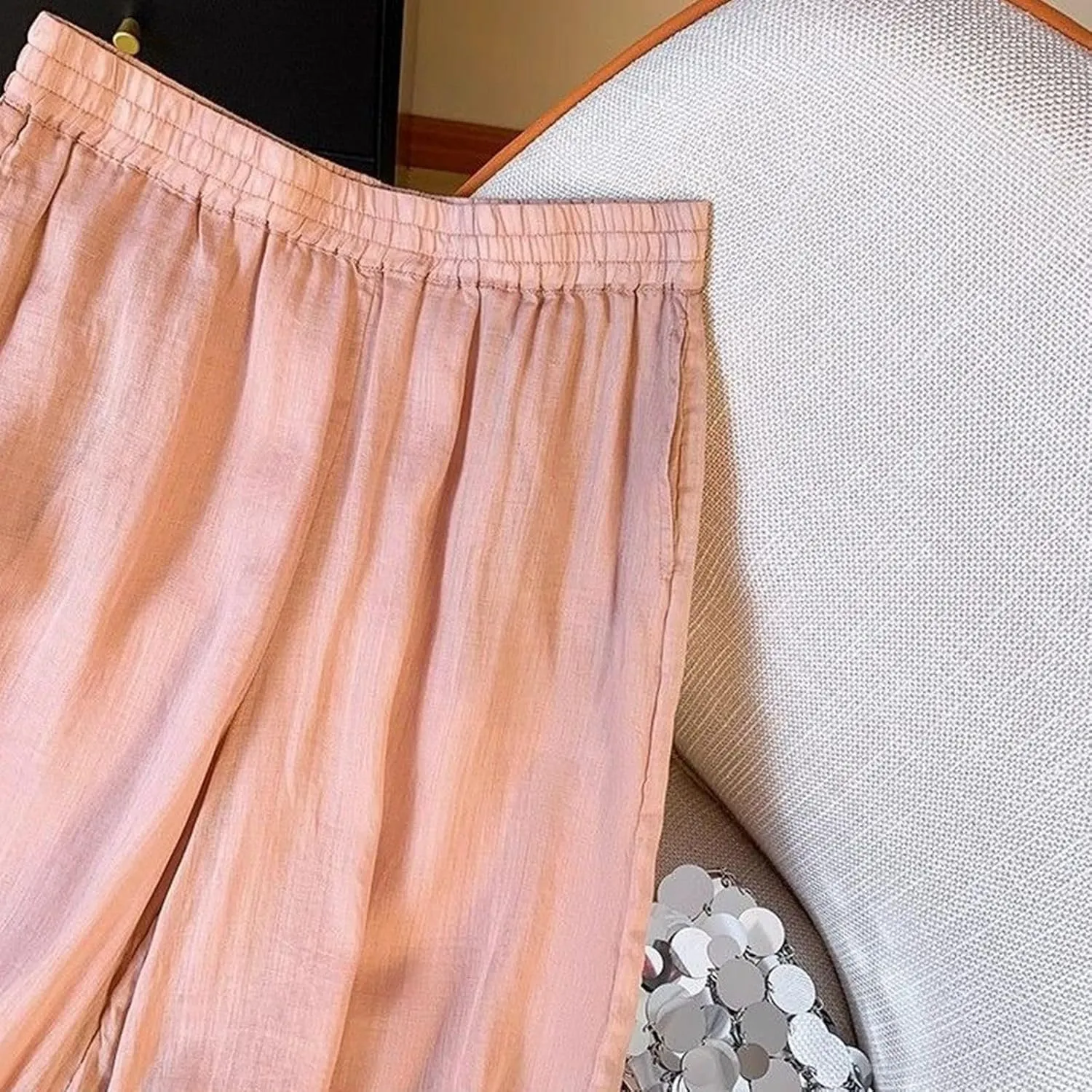 Women's Cotton Linen Cropped Wide Leg Pants Elastic Waist Casual Palazzo Trousers Drawstring Baggy Flowy Beach Culottes