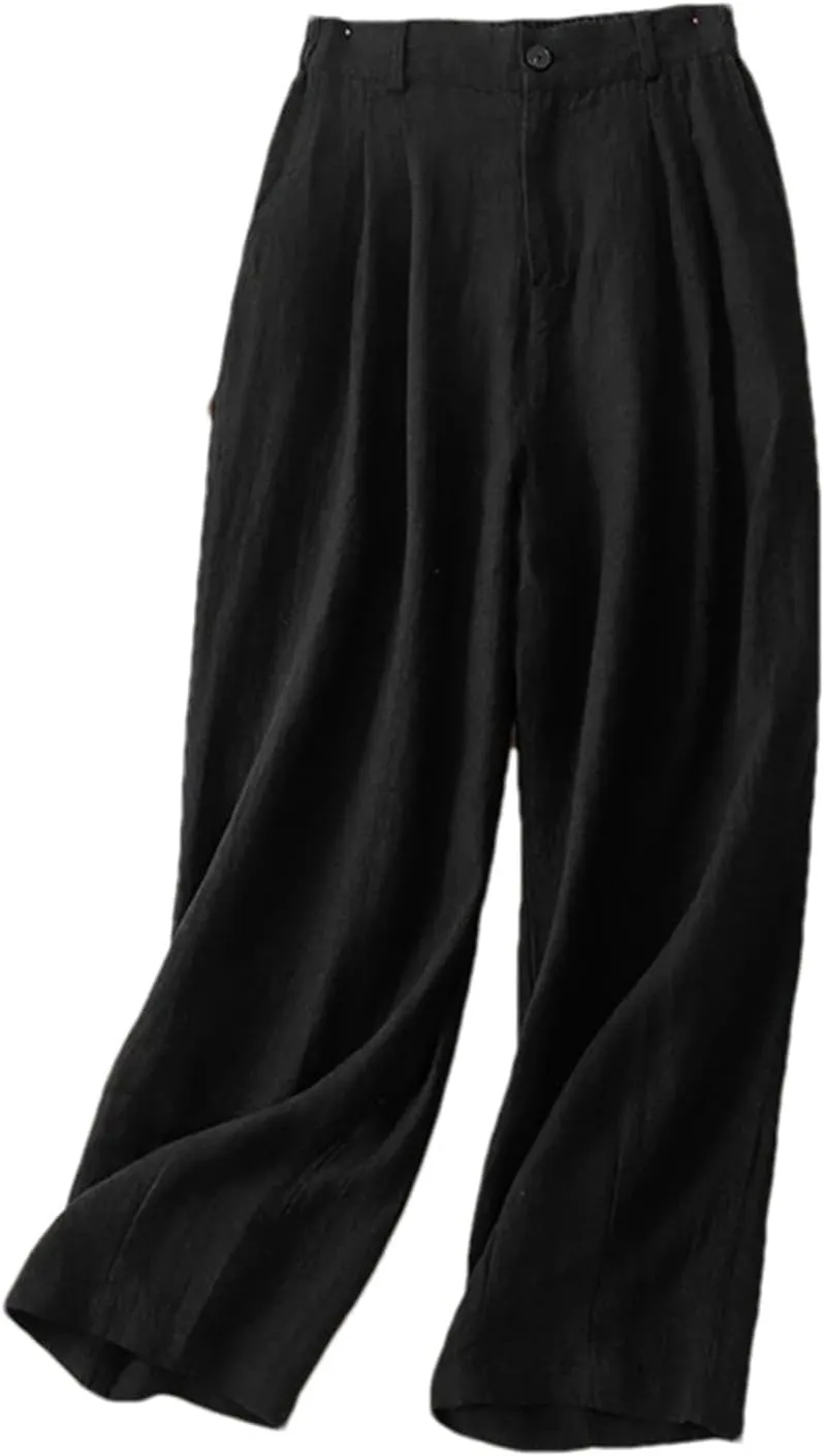 Women's Cotton Linen High-Waisted Wide-Legged Pants  Casual Loose Spring Summer Button-Up Straight Leg Trousers