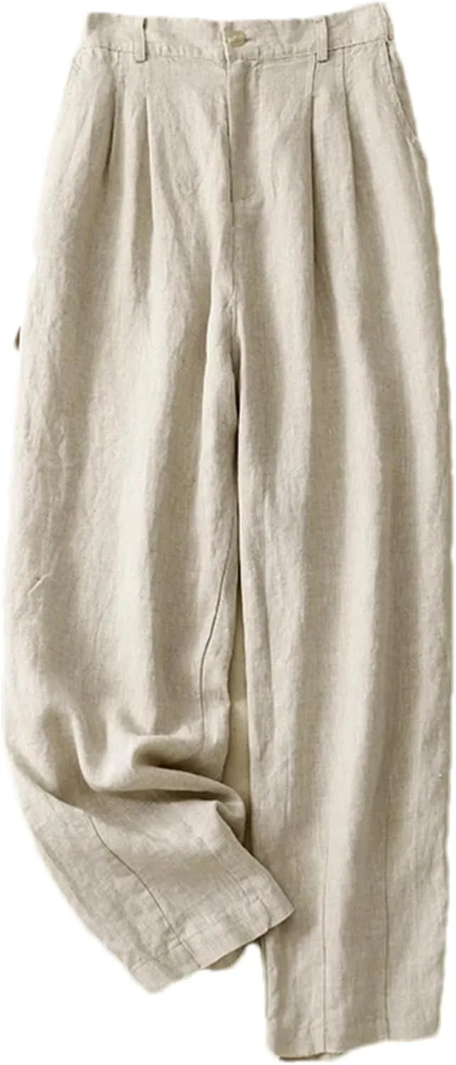 Women's Cotton Linen High-Waisted Wide-Legged Pants  Casual Loose Spring Summer Button-Up Straight Leg Trousers