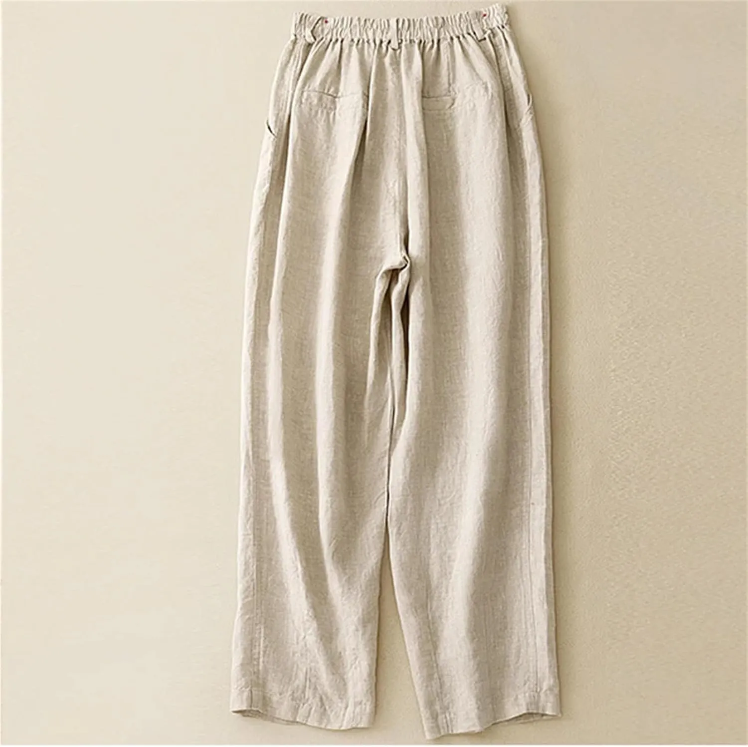 Women's Cotton Linen High-Waisted Wide-Legged Pants  Casual Loose Spring Summer Button-Up Straight Leg Trousers