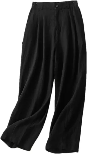 Women's Cotton Linen High-Waisted Wide-Legged Pants  Casual Loose Spring Summer Button-Up Straight Leg Trousers