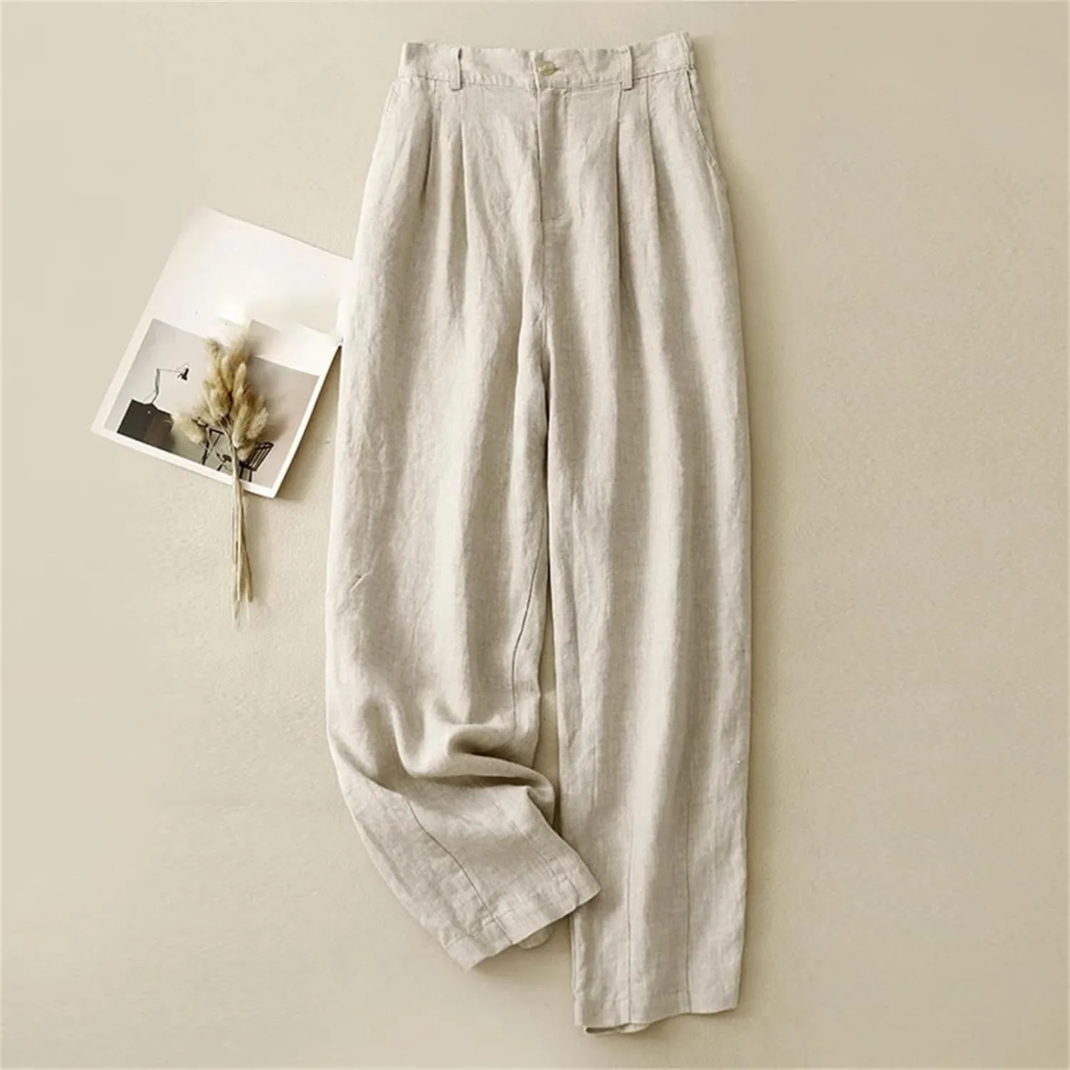 Women's Cotton Linen High-Waisted Wide-Legged Pants  Casual Loose Spring Summer Button-Up Straight Leg Trousers