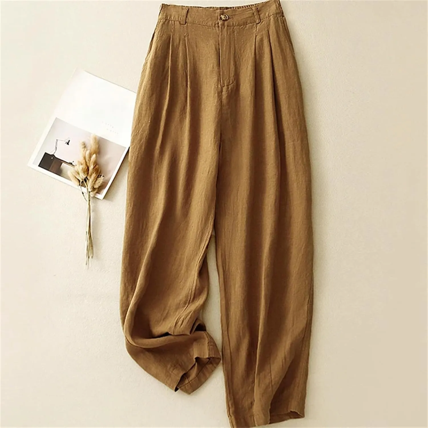 Women's Cotton Linen High-Waisted Wide-Legged Pants  Casual Loose Spring Summer Button-Up Straight Leg Trousers