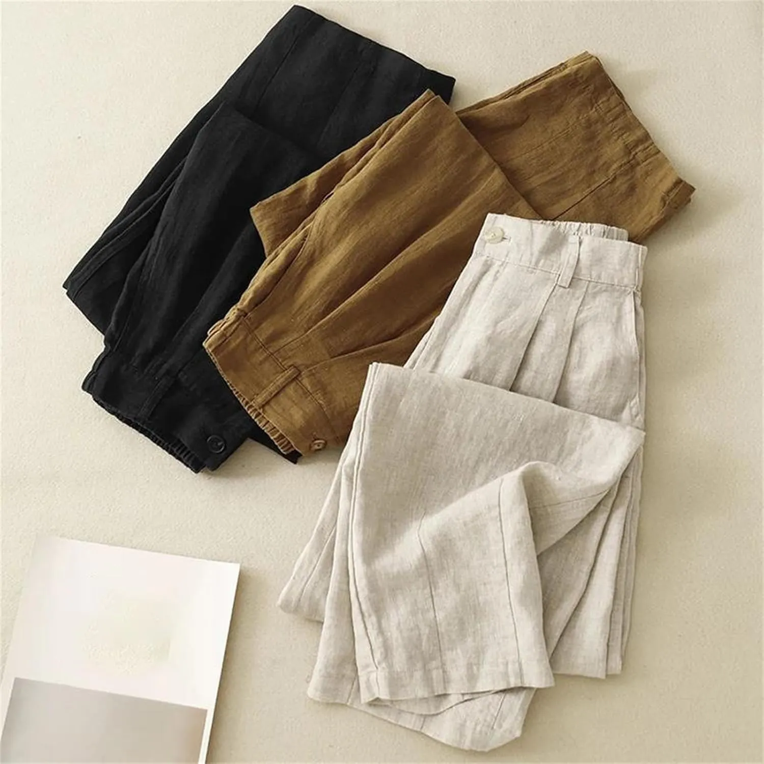 Women's Cotton Linen High-Waisted Wide-Legged Pants  Casual Loose Spring Summer Button-Up Straight Leg Trousers