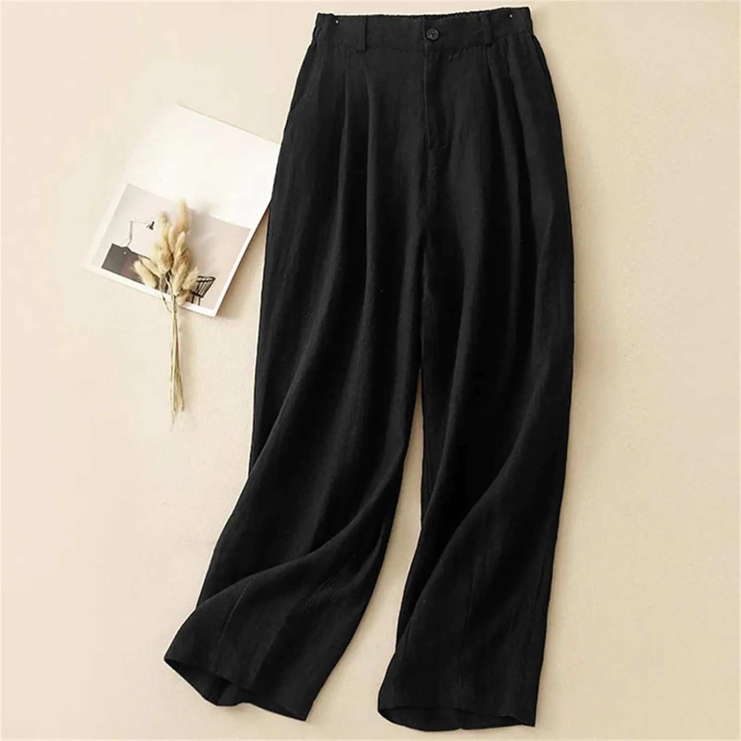 Women's Cotton Linen High-Waisted Wide-Legged Pants  Casual Loose Spring Summer Button-Up Straight Leg Trousers