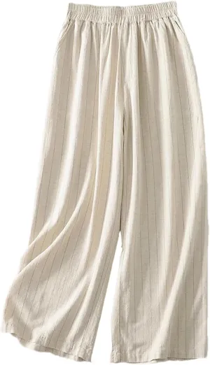 Women's Cotton Linen High-Waisted Wide-Legged Pants  Spring and Summer Lightweight Trousers with Side Pockets