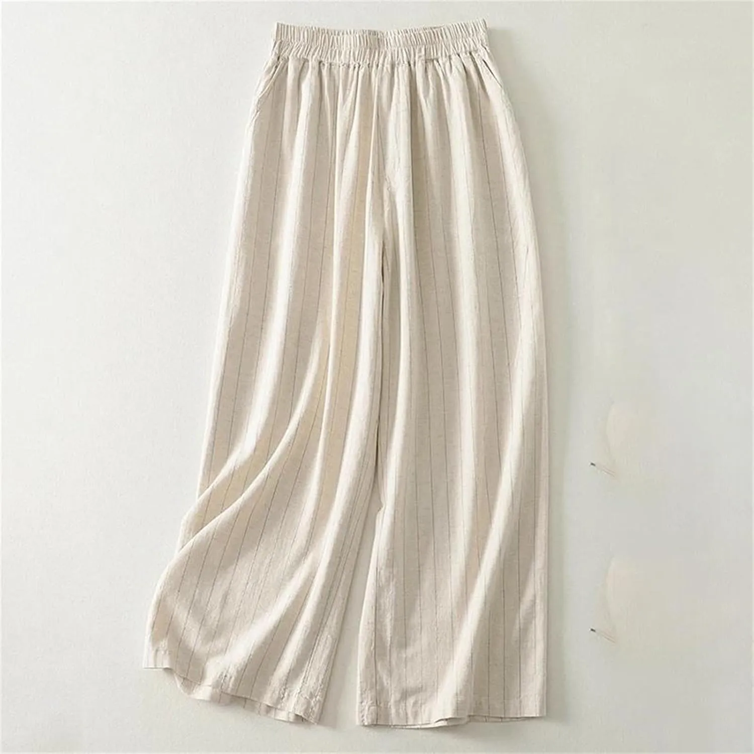 Women's Cotton Linen High-Waisted Wide-Legged Pants  Spring and Summer Lightweight Trousers with Side Pockets