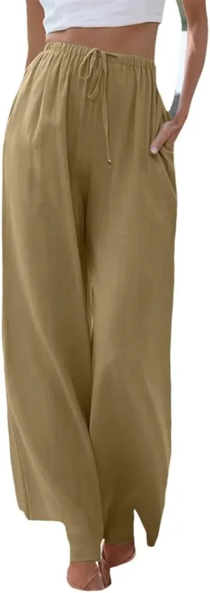 Womens Cotton Linen Palazzo Pants Casual Wide Leg Trousers with Pockets Drawstring Elastic High Waist Long Pant