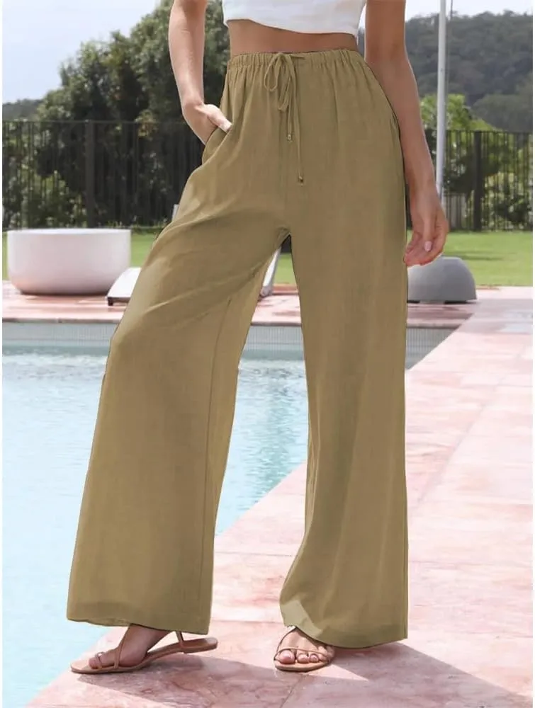 Womens Cotton Linen Palazzo Pants Casual Wide Leg Trousers with Pockets Drawstring Elastic High Waist Long Pant