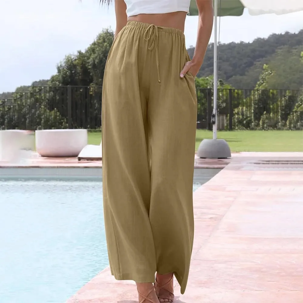 Womens Cotton Linen Palazzo Pants Casual Wide Leg Trousers with Pockets Drawstring Elastic High Waist Long Pant