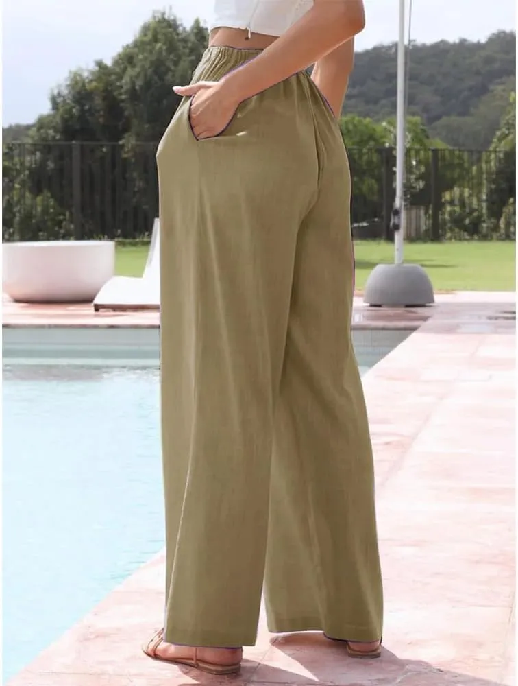 Womens Cotton Linen Palazzo Pants Casual Wide Leg Trousers with Pockets Drawstring Elastic High Waist Long Pant
