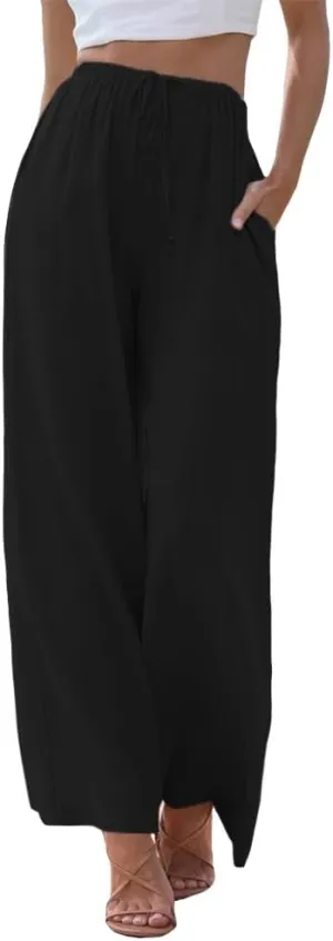 Womens Cotton Linen Palazzo Pants Casual Wide Leg Trousers with Pockets Drawstring Elastic High Waist Long Pant