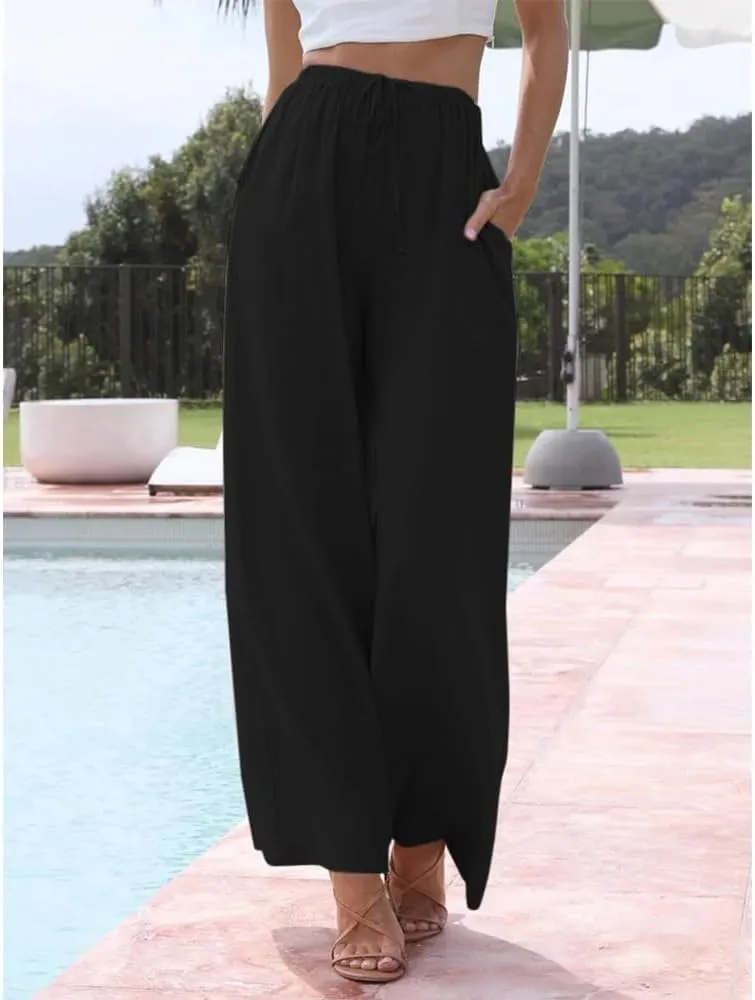 Womens Cotton Linen Palazzo Pants Casual Wide Leg Trousers with Pockets Drawstring Elastic High Waist Long Pant