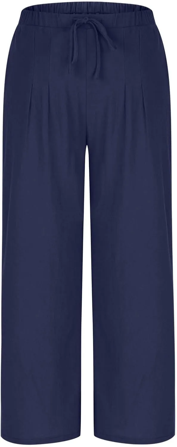 Womens Cotton Linen Palazzo Pants Drawstring Elastic Waist Wide Leg Pants Summer Casual Flowy Trousers with Pockets