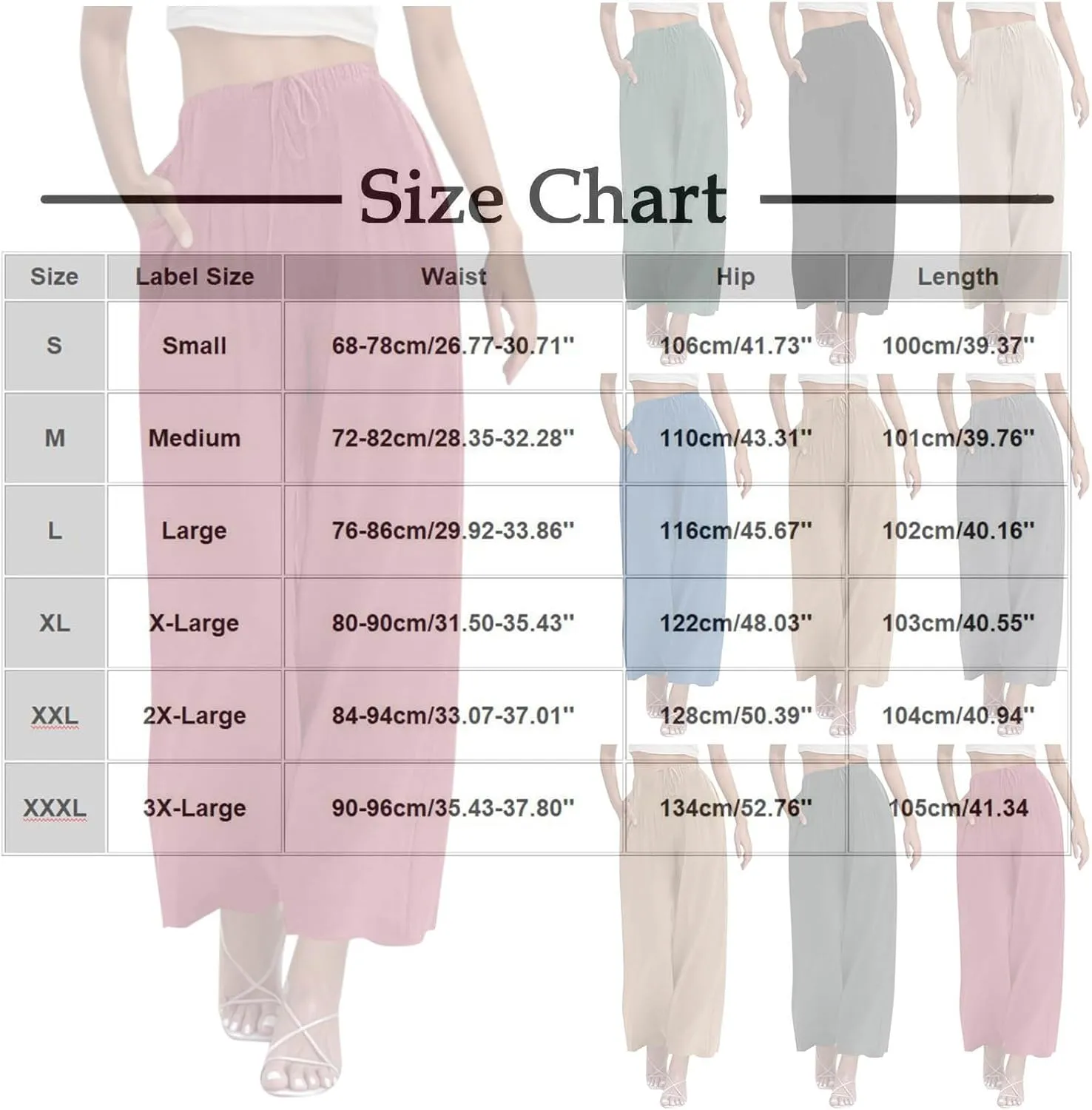 Womens Cotton Linen Palazzo Pants Drawstring Elastic Waist Wide Leg Pants Summer Casual Flowy Trousers with Pockets
