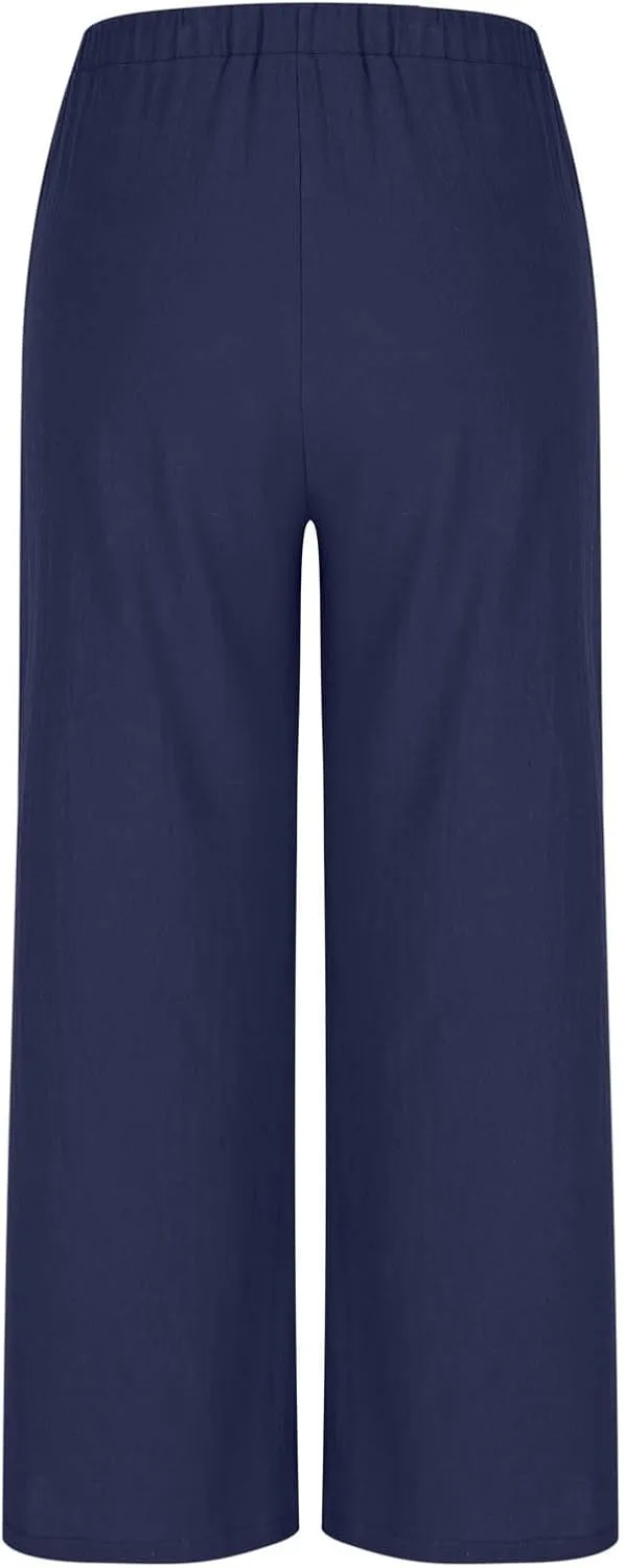 Womens Cotton Linen Palazzo Pants Drawstring Elastic Waist Wide Leg Pants Summer Casual Flowy Trousers with Pockets
