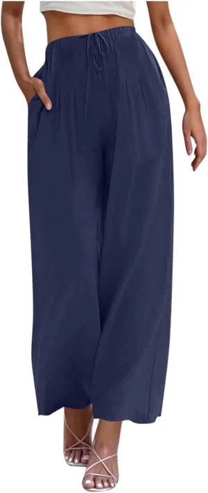 Womens Cotton Linen Palazzo Pants Drawstring Elastic Waist Wide Leg Pants Summer Casual Flowy Trousers with Pockets