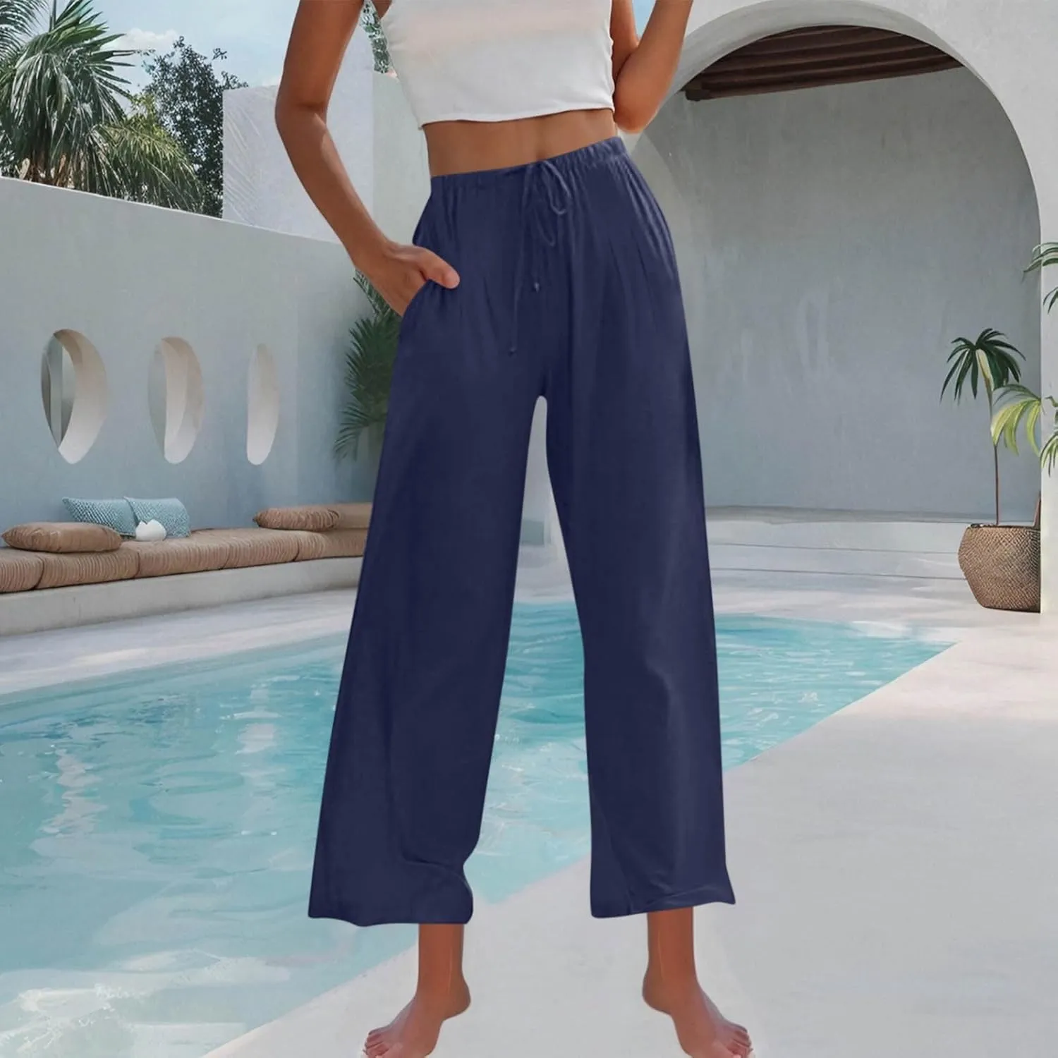 Womens Cotton Linen Palazzo Pants Drawstring Elastic Waist Wide Leg Pants Summer Casual Flowy Trousers with Pockets