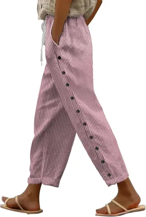 Womens Cotton Linen Pants Casual Drawstring Capri Linen Pants for Women White