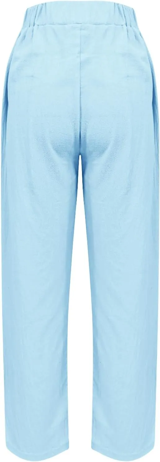 Womens Cotton Linen Pants Casual Elastic High Waist Straight Leg Pants Summer Loose Fit Trouser with Pockets
