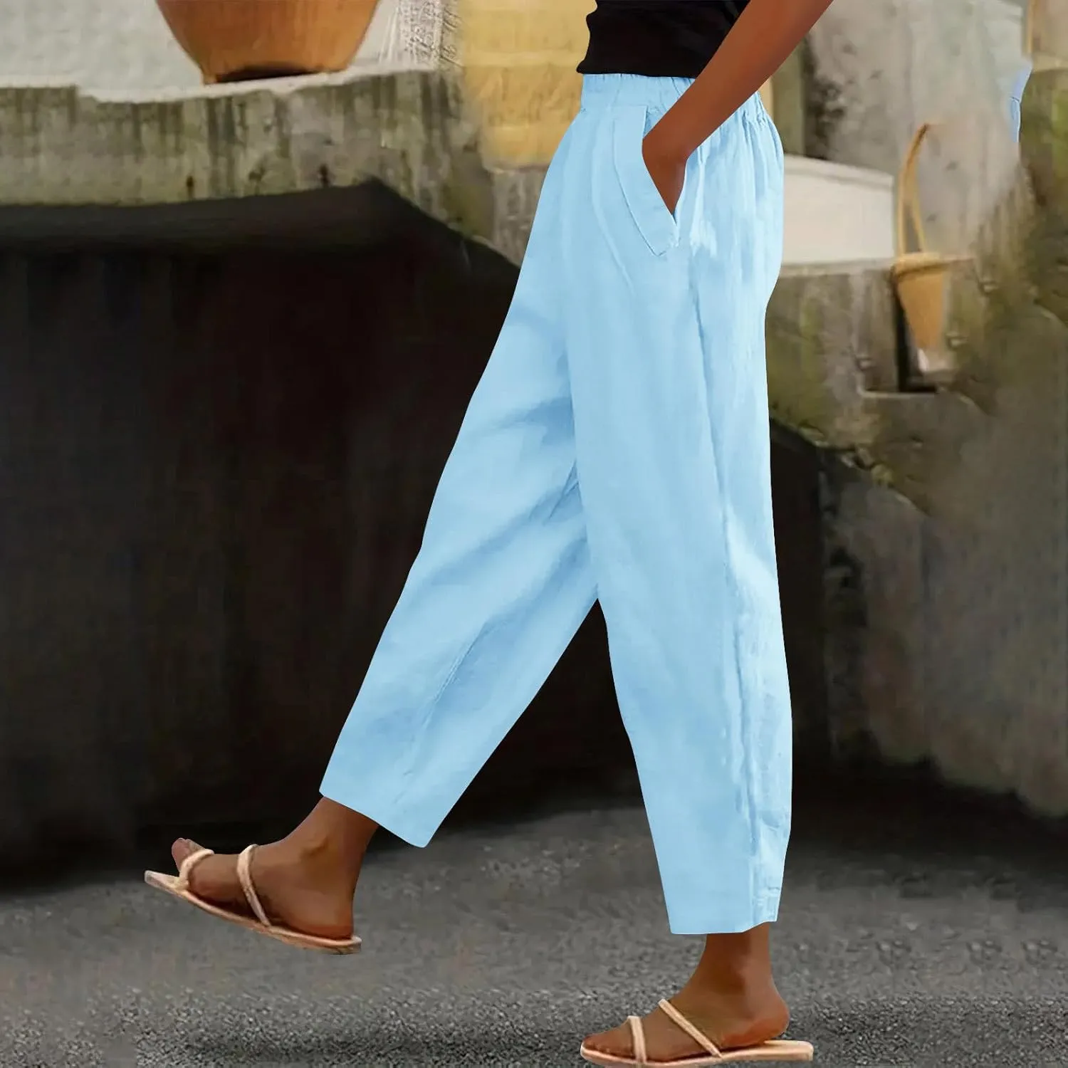 Womens Cotton Linen Pants Casual Elastic High Waist Straight Leg Pants Summer Loose Fit Trouser with Pockets