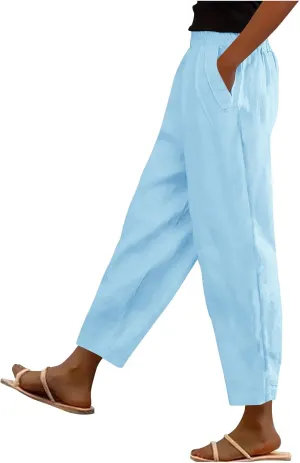 Womens Cotton Linen Pants Casual Elastic High Waist Straight Leg Pants Summer Loose Fit Trouser with Pockets
